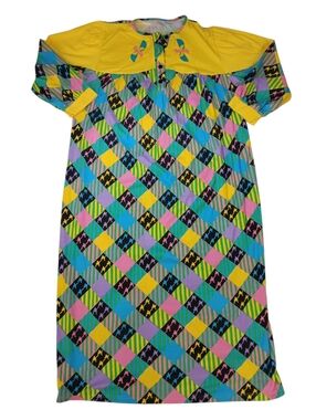 Vintage Yellow Multicolor Diamond-Print Pajama Nightgown - XL